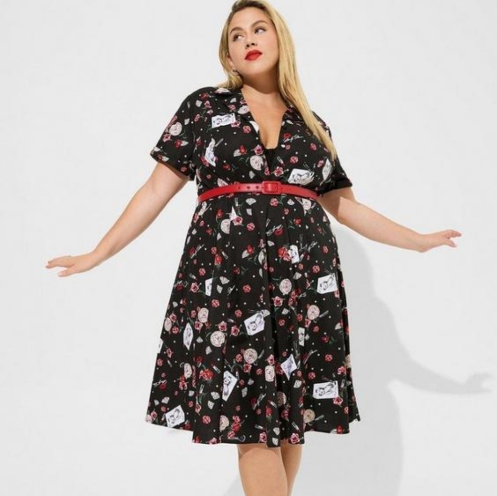 torrid Black Floral & Card Print Shirt Dress with Red Belt - Picture 1 of 9